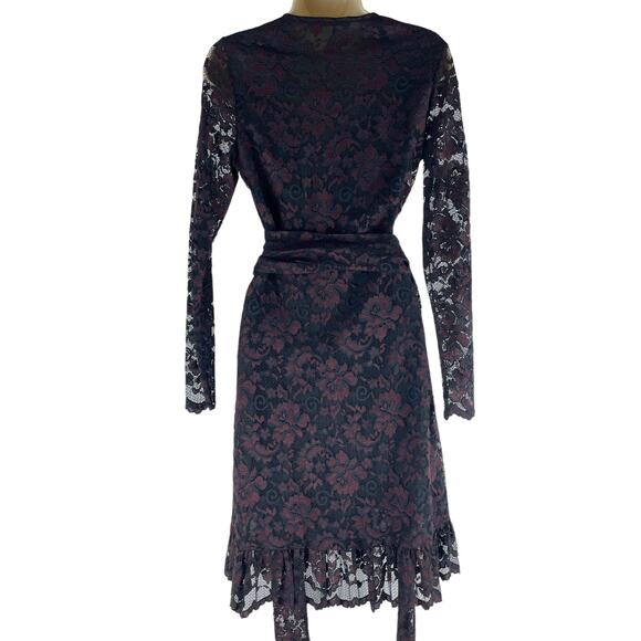 Ganni Flynn Lace Ruffle Wrap Dress Burgundy Black Size 2 - Picture 7 of 11